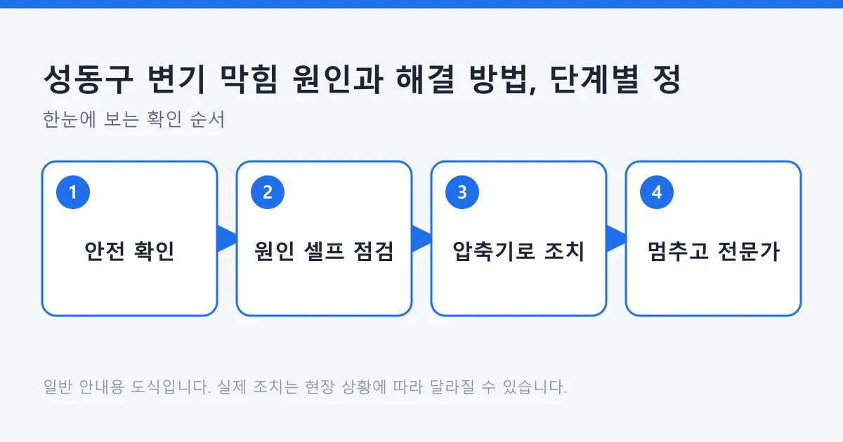 변기 막힘 대응을 안전 확인, 원인 셀프 점검, 압축기로 조치, 멈추고 전문가 호출의 4단계로 나타낸 도식