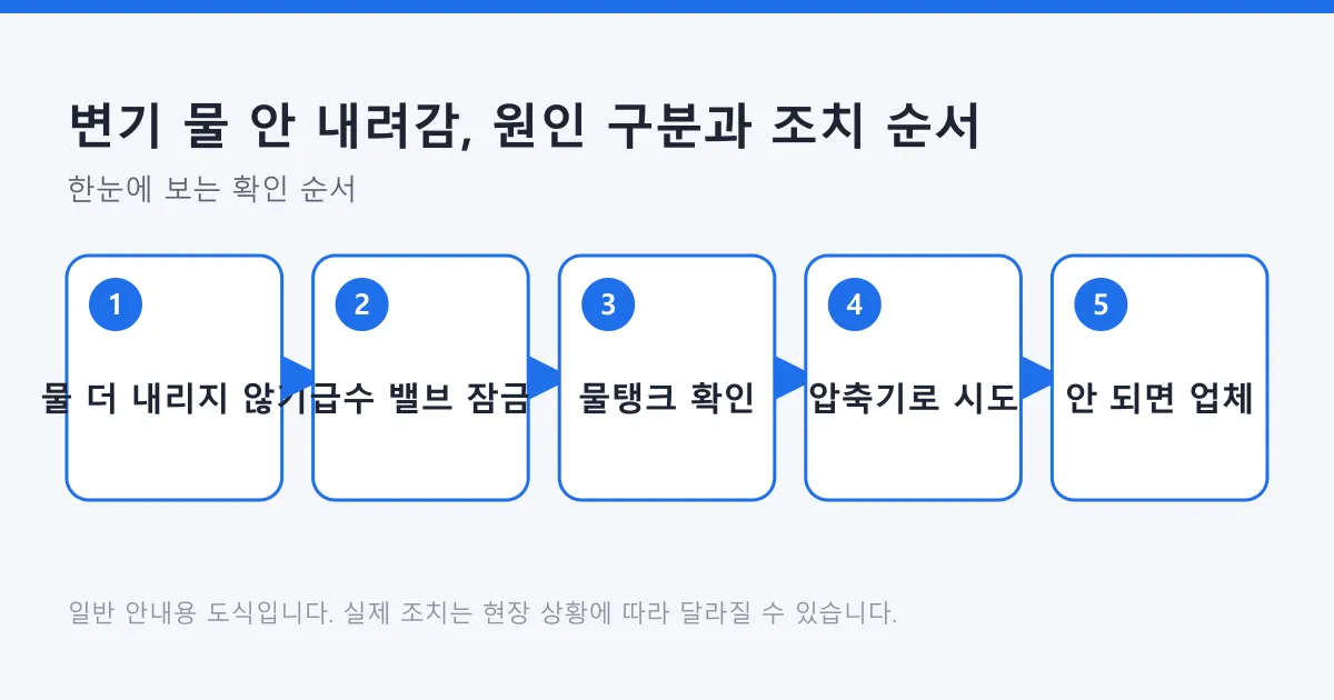 변기 물이 안 내려갈 때의 조치 순서를 물 더 내리지 않기, 급수 밸브 잠금, 물탱크 확인, 압축기 시도, 업체 연락의 다섯 단계로 정리한 도식