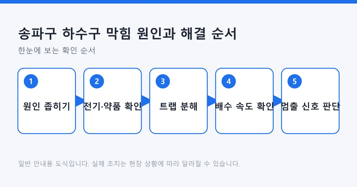 송파구 하수구 막힘을 원인 좁히기, 전기와 약품 안전 확인, 트랩 분해, 배수 속도 확인, 멈출 신호 판단 순서로 정리한 5단계 도식.