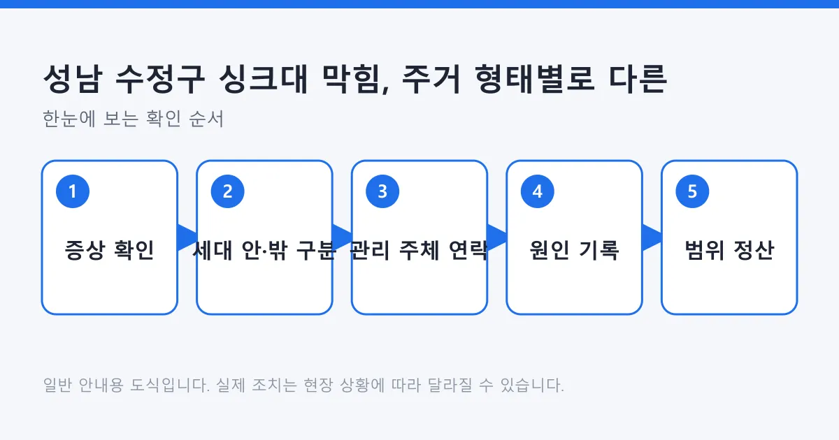 싱크대 막힘 증상을 확인해 세대 안과 밖을 구분하고 주거 형태별 관리 주체에 연락한 뒤 원인과 책임 범위를 정리하는 순서를 보여주는 도식