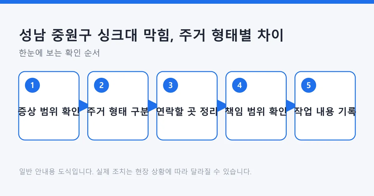 싱크대 막힘을 증상 범위 확인부터 주거 형태 구분, 연락처 정리, 책임 범위 확인, 작업 기록까지 다섯 단계로 정리한 도식