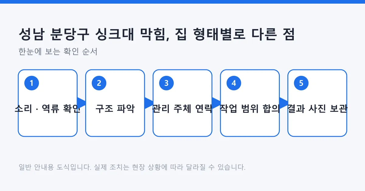 싱크대 막힘 증상 확인부터 배관 구조 파악, 관리 주체 연락, 작업 범위 합의, 결과 보관까지 다섯 단계를 정리한 도식
