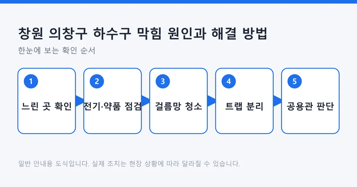 하수구 막힘을 느린 곳 확인부터 트랩 분리와 공용관 판단까지 다섯 단계로 정리한 점검 순서 도식.