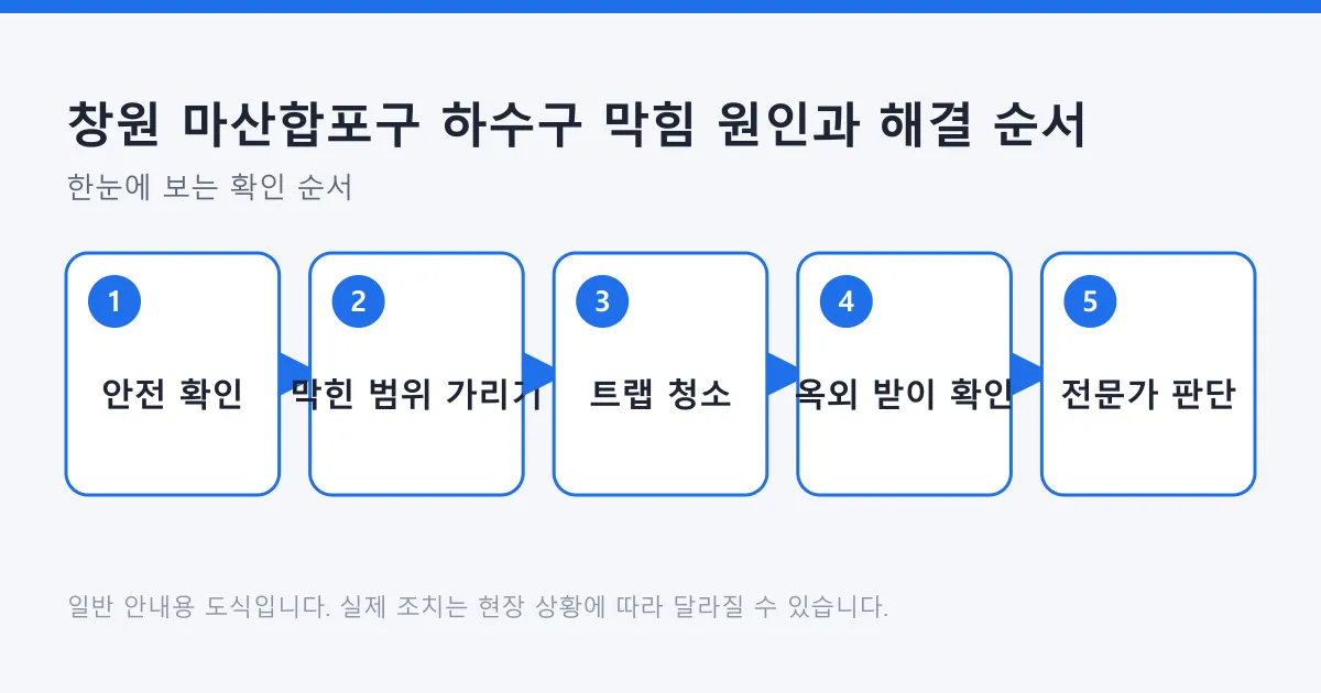 하수구 막힘을 안전 확인부터 옥외 오수받이 점검과 전문가 판단까지 다섯 단계로 나눠 보여 주는 순서 도식.