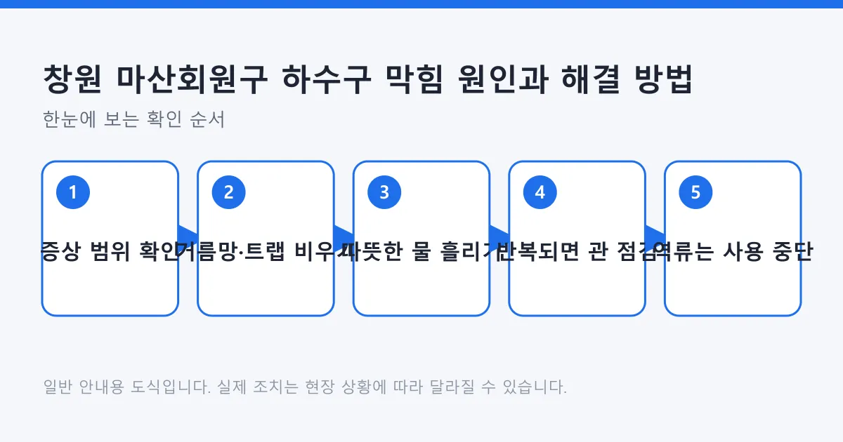 하수구 막힘을 증상 범위 확인에서 시작해 거름망과 트랩 정리, 따뜻한 물 흘리기, 반복 시 관 점검, 역류 시 사용 중단으로 이어가는 순서를 보여주는 도식.
