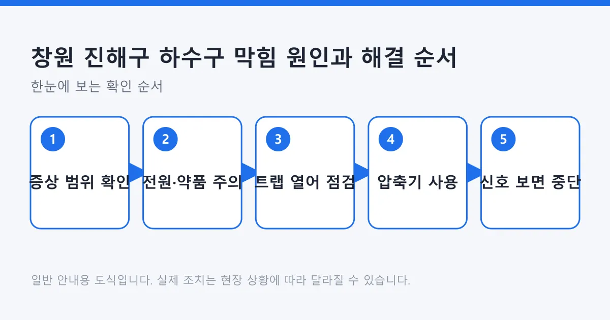 하수구 막힘을 증상 범위 확인부터 안전 조치, 트랩 점검, 압축기 사용, 중단 판단까지 순서대로 정리한 도식