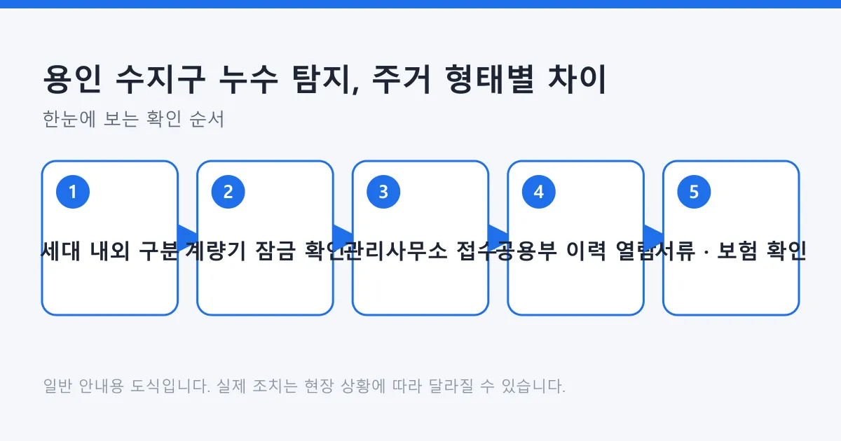 누수가 세대 내부인지 세대를 넘는지 가른 뒤 주거 형태별로 연락하는 순서를 보여 주는 도식