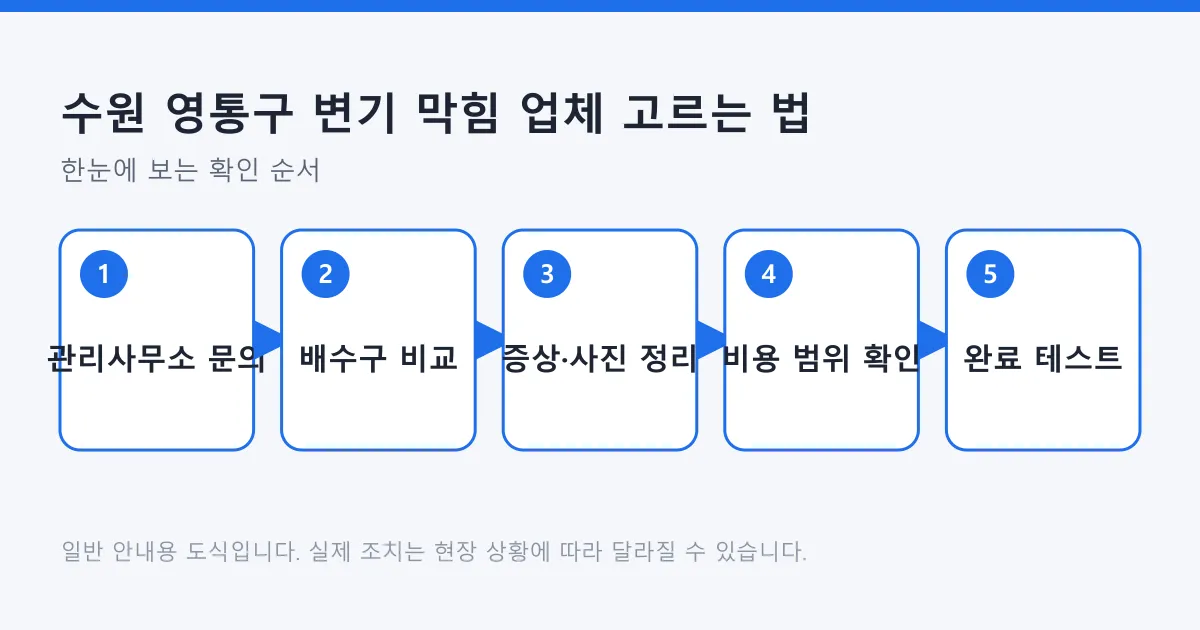 아파트 변기 막힘에서 관리사무소 문의, 배수구 비교, 증상 정리, 비용 범위 확인, 완료 테스트로 이어지는 순서를 보여주는 도식