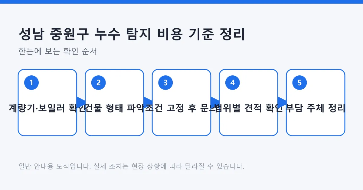 누수 탐지 비용을 판단하는 과정을 계량기 확인, 건물 형태 파악, 조건 고정, 범위별 견적 확인, 부담 주체 정리의 다섯 단계로 나타낸 도식