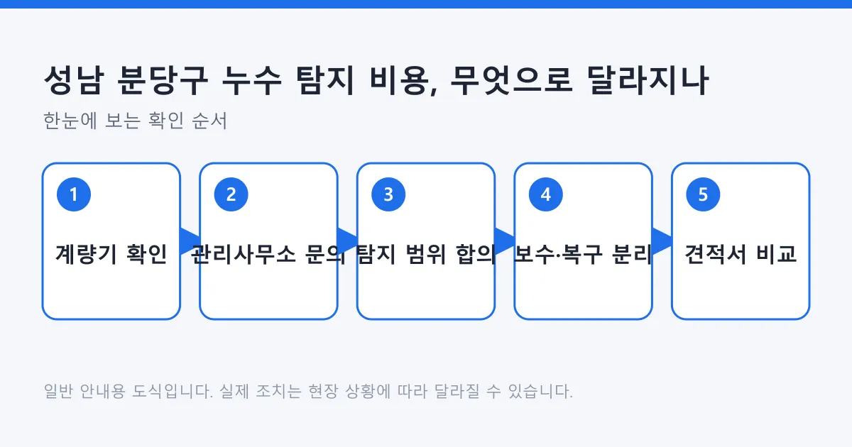 누수 탐지 비용을 확인하는 다섯 단계를 계량기 점검부터 견적 비교까지 보여 주는 도식