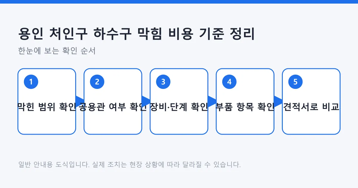 하수구 막힘 비용을 판단하는 과정을 막힌 범위 확인부터 공용관 확인, 장비 단계, 부품 항목, 견적서 비교까지 다섯 단계로 정리한 도식