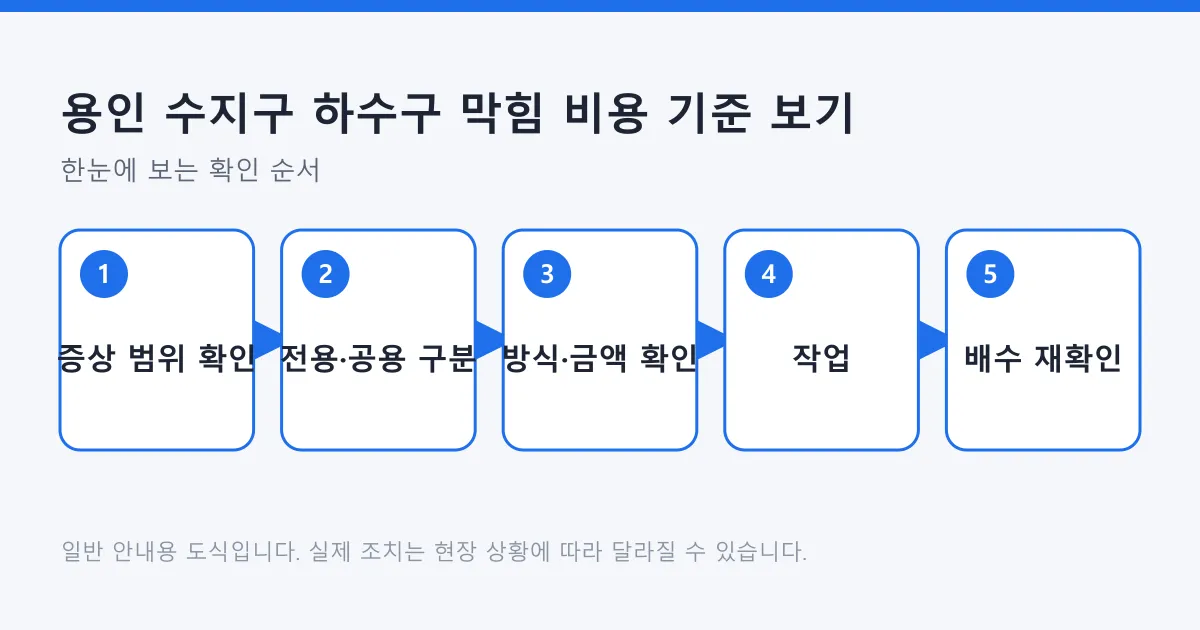 하수구 막힘 증상 확인부터 전용·공용 구분, 견적 확인, 작업, 배수 재확인까지 순서를 보여주는 도식
