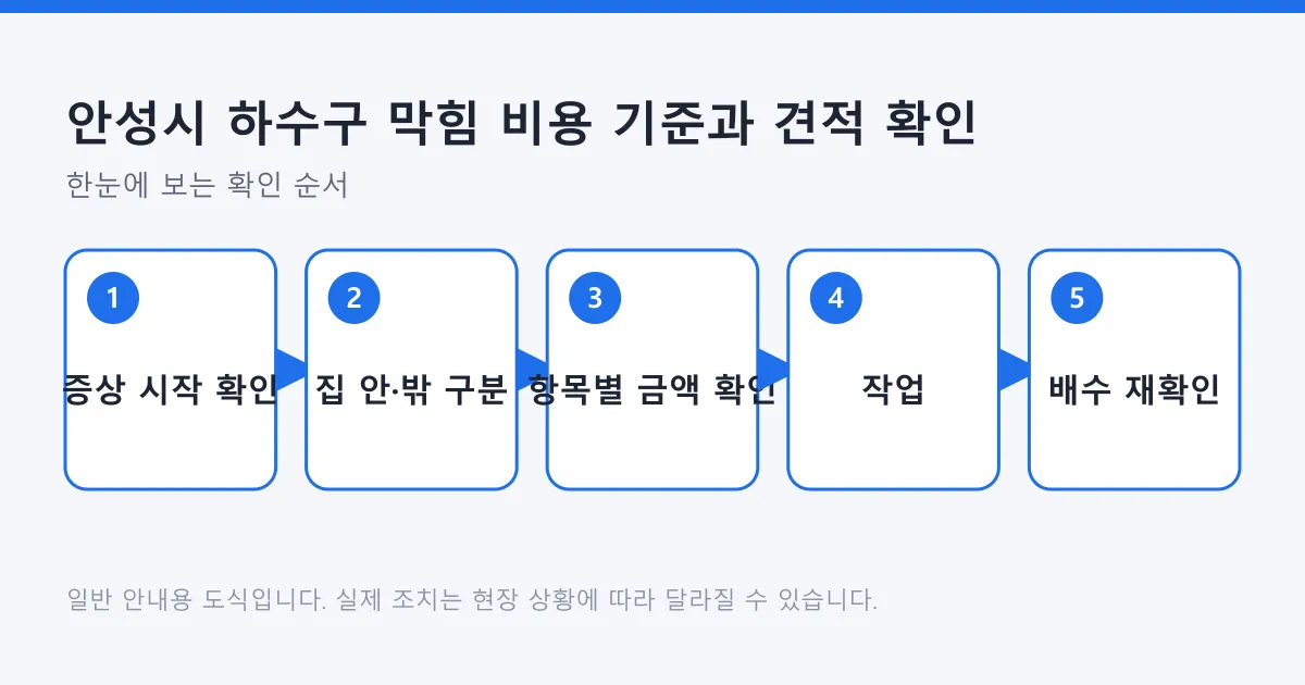 하수구 막힘 증상 확인부터 집 안과 밖 구간 구분, 항목별 금액 확인, 작업, 배수 재확인까지의 도식