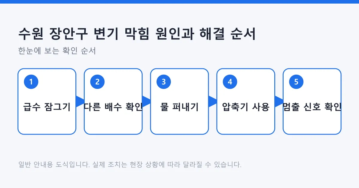 변기 막힘을 급수 차단부터 전문가 호출 신호 확인까지 다섯 단계로 정리한 도식