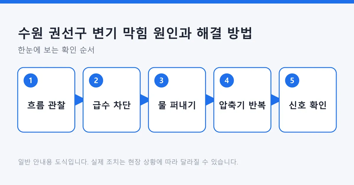 권선구 변기 막힘 대처를 흐름 관찰부터 전문가 호출 신호 확인까지 다섯 단계로 그린 도식