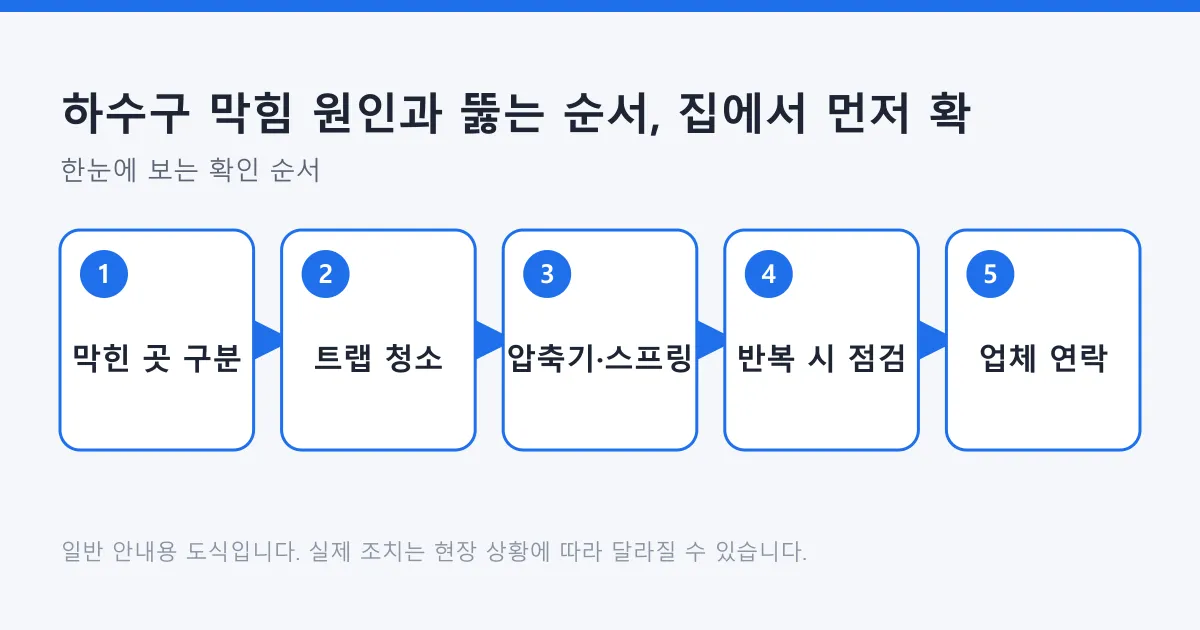 하수구 막힘이 생겼을 때 막힌 곳을 구분하고 직접 조치한 뒤 업체를 부르는 순서를 나타낸 도식