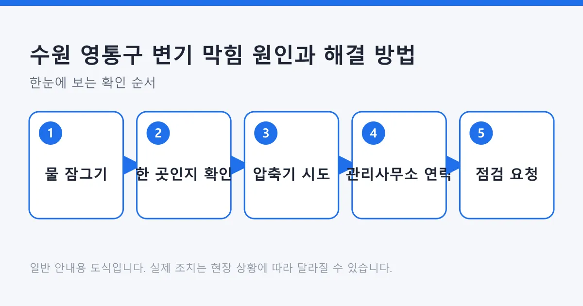 물 잠그기부터 막힌 범위 확인, 압축기 시도, 관리사무소 연락, 점검 요청까지 변기 막힘 대응 순서를 보여 주는 도식.