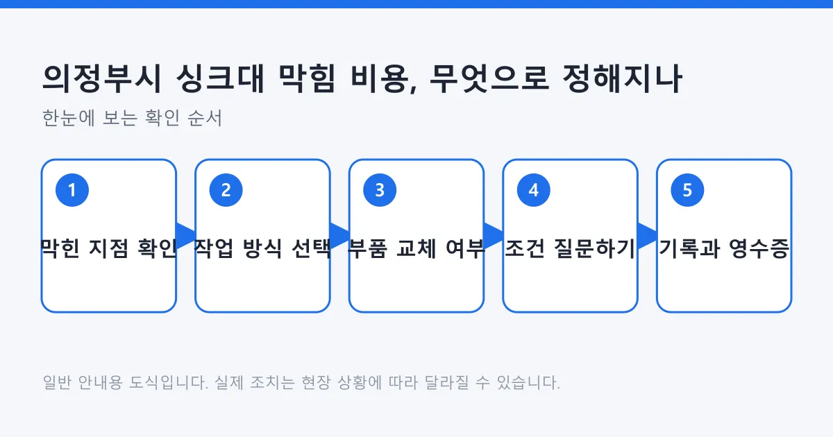 싱크대 막힘 비용을 가르는 요소를 막힌 지점 확인부터 기록까지 다섯 단계로 정리한 도식