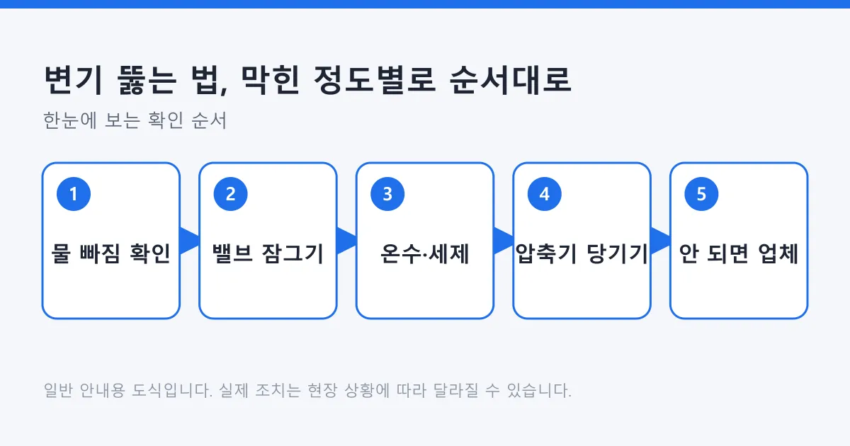 변기가 막혔을 때 물 빠짐을 확인하고 온수, 압축기 순으로 시도한 뒤 업체를 부르는 순서를 나타낸 도식
