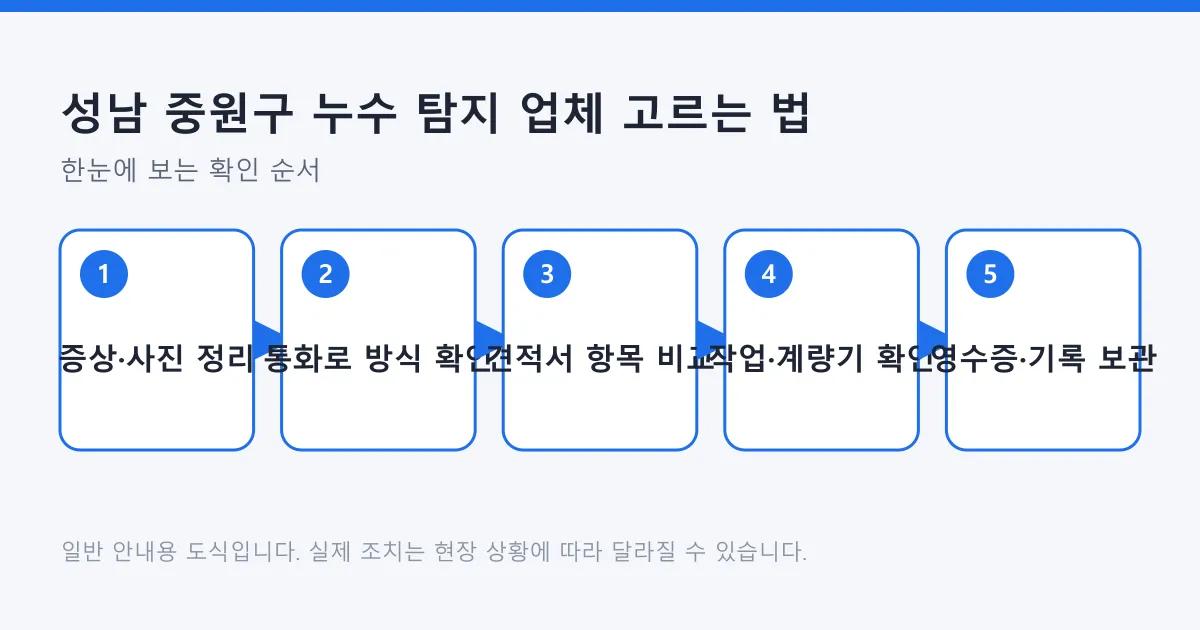 누수 탐지 업체를 고를 때 증상 정리부터 통화 확인, 견적 비교, 작업 후 확인, 기록 보관까지 이어지는 순서를 나타낸 도식입니다.