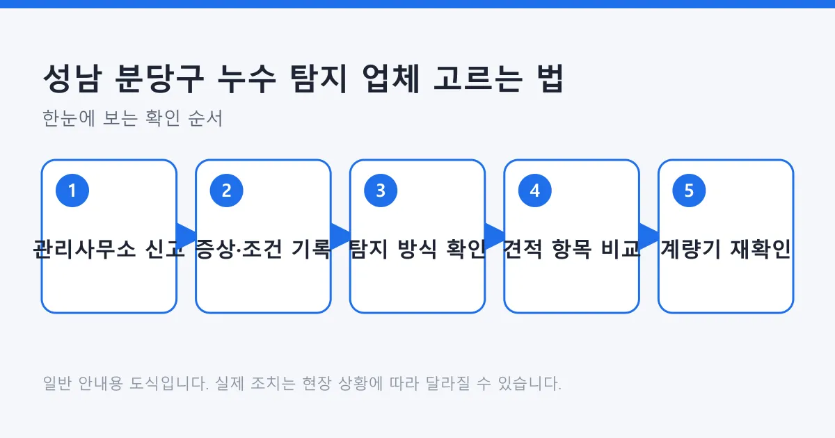 공동주택 누수를 관리사무소 신고부터 증상 기록, 탐지 방식 확인, 견적 비교, 작업 후 계량기 재확인까지 진행하는 순서를 나타낸 도식입니다.