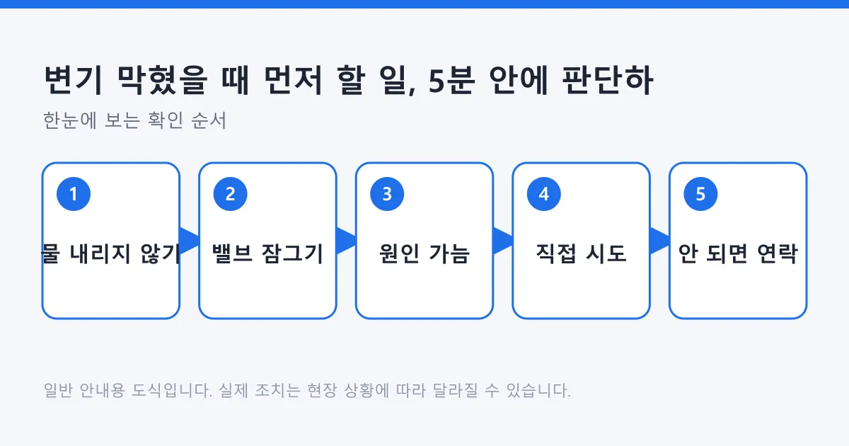 변기가 막혔을 때 물을 더 내리지 않고 밸브를 잠근 뒤 원인을 가늠해 직접 시도하거나 연락하는 순서