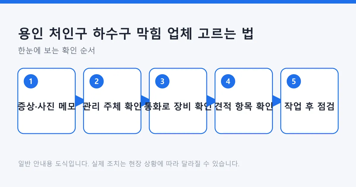 하수구 막힘 업체를 고르는 과정을 증상 메모, 관리 주체 확인, 통화 확인, 견적 확인, 작업 후 점검 순서로 보여주는 도식