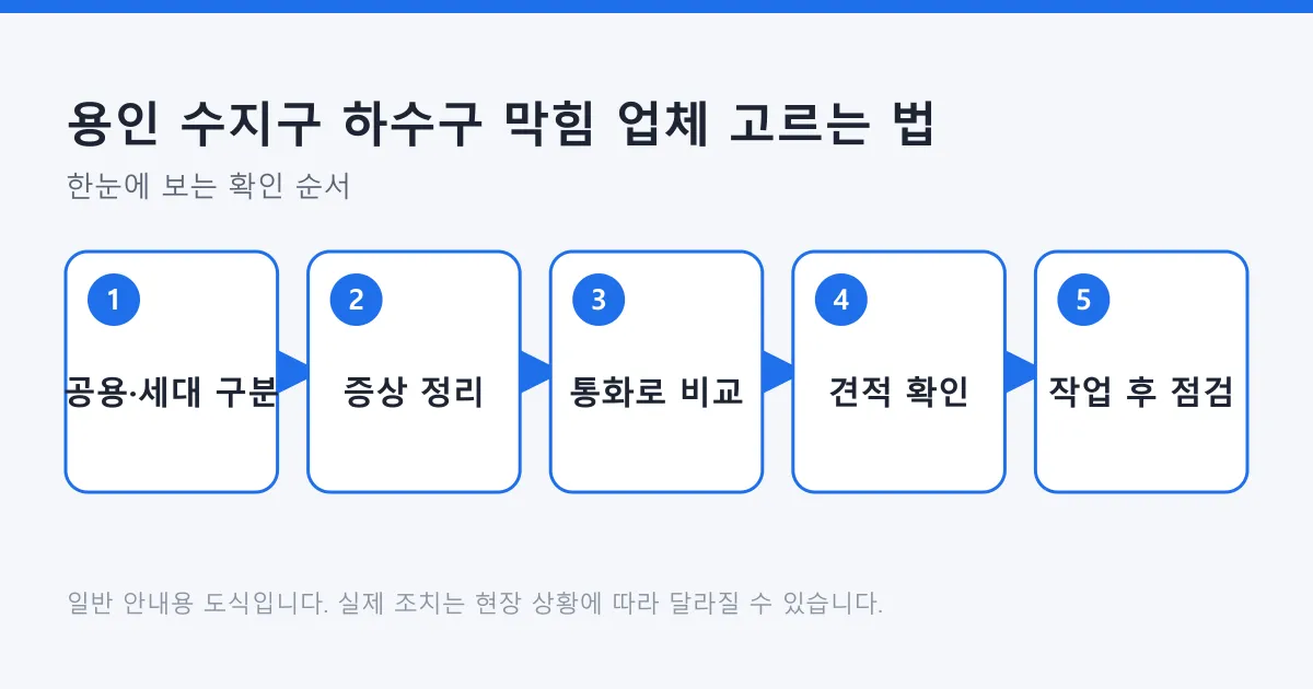 하수구 막힘 업체를 고르는 과정을 공용과 세대 구분, 증상 정리, 통화 비교, 견적 확인, 작업 후 점검 다섯 단계로 정리한 도식