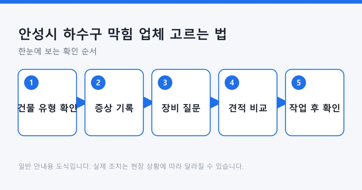 하수구 막힘 업체 선택 과정을 건물 유형 확인, 증상 기록, 장비 질문, 견적 비교, 작업 후 확인 다섯 단계로 정리한 도식