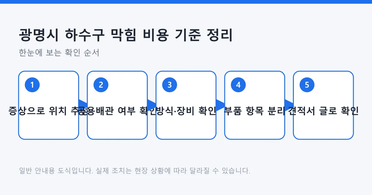 하수구 막힘 증상으로 위치를 추정한 뒤 공용배관 여부와 작업 방식, 부품 항목을 순서대로 확인하는 과정을 보여 주는 도식
