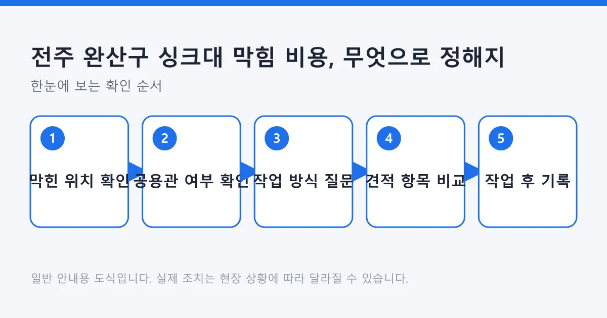 싱크대 막힘 비용을 막힌 위치 확인부터 작업 후 기록까지 다섯 단계로 정리한 도식