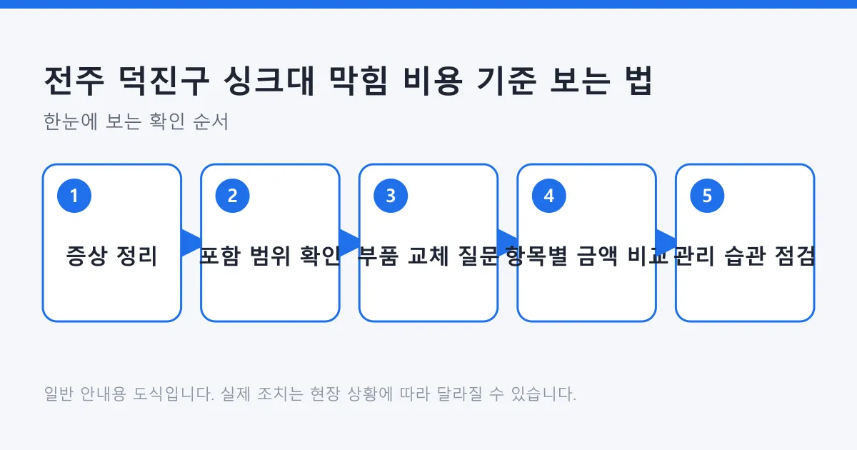 싱크대 막힘 견적을 증상 정리부터 관리 습관 점검까지 다섯 단계로 정리한 도식