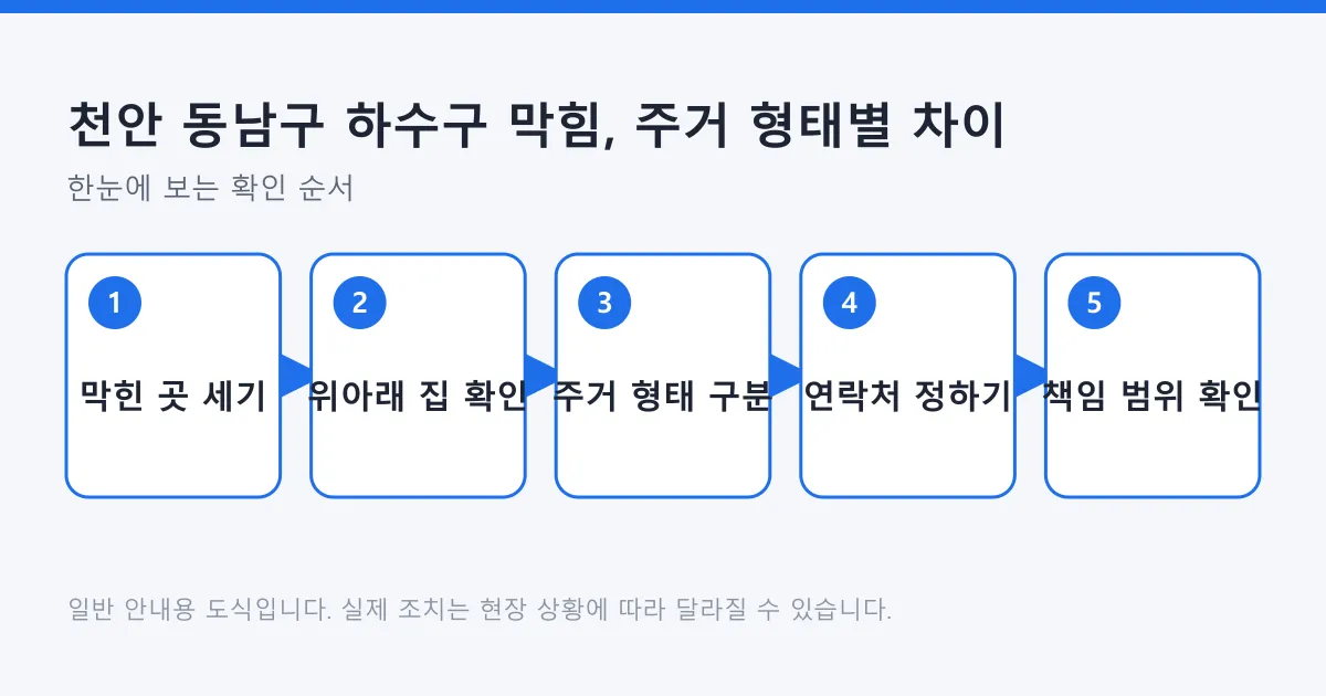 하수구 막힘이 생겼을 때 막힌 곳과 위아래 집 상황을 확인하고 주거 형태에 따라 연락할 곳과 책임 범위를 정하는 순서를 나타낸 도식.