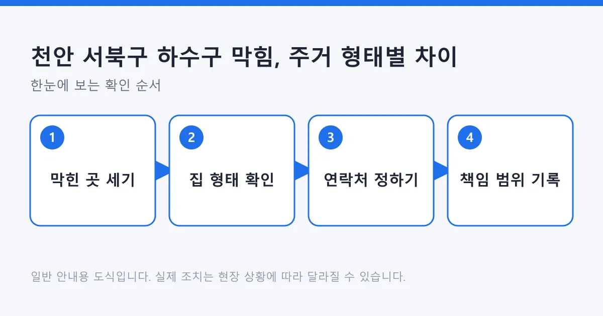 하수구 막힘을 집 형태별로 판단해 연락처와 책임 범위를 정하는 네 단계를 보여 주는 도식