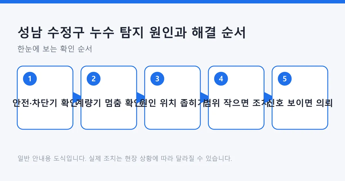 누수 발생 시 안전 확인에서 계량기 점검, 원인 좁히기, 직접 조치, 전문가 의뢰 판단까지 이어지는 순서를 보여 주는 도식