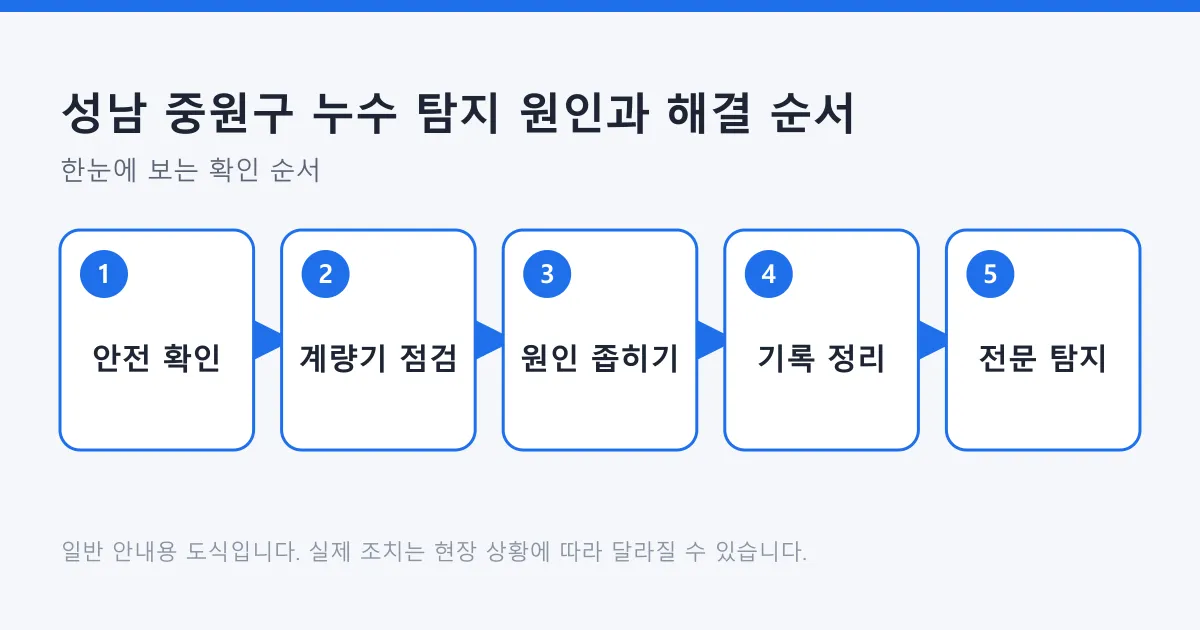누수 의심 때 안전 확인부터 전문 탐지까지 다섯 단계를 순서대로 보여 주는 도식
