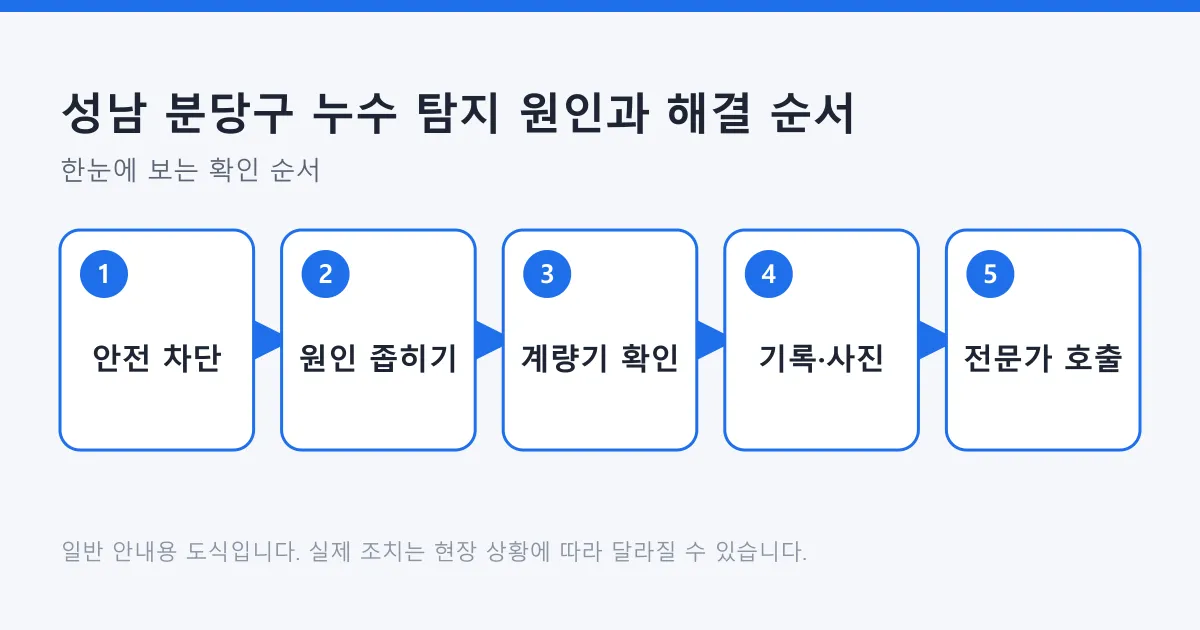 누수 확인을 안전 차단부터 전문가 호출까지 다섯 단계로 정리한 도식