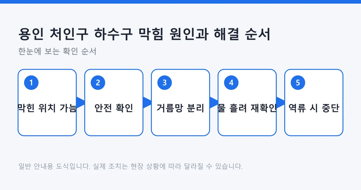 하수구 막힘을 막힌 위치 가늠과 안전 확인, 거름망 분리, 물 흘려 재확인, 역류 시 중단 순서로 정리한 도식