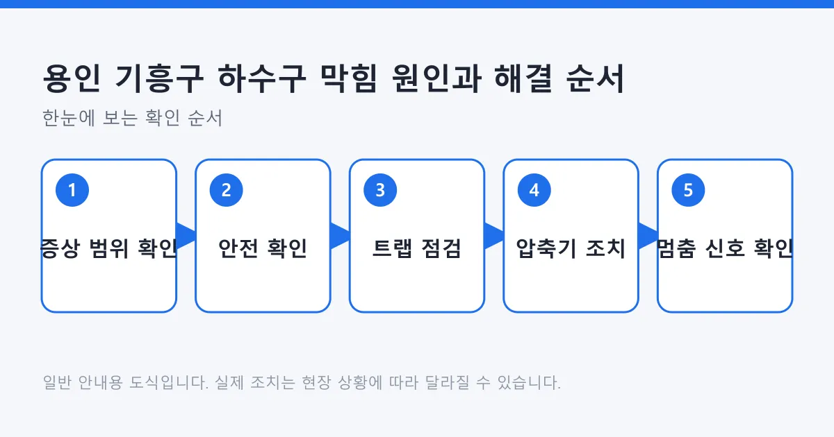 하수구 막힘을 증상 범위 확인, 안전 확인, 트랩 점검, 압축기 조치, 멈춤 신호 확인 순서로 보여주는 도식