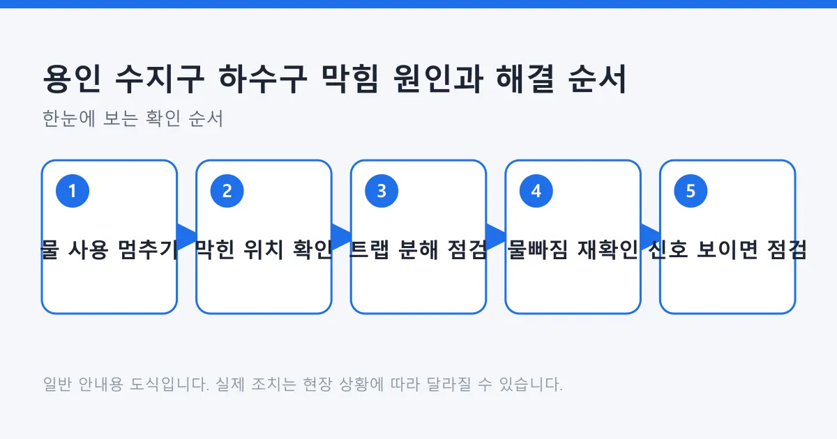 하수구 막힘을 안전 확인에서 시작해 막힌 위치 확인과 트랩 점검을 거쳐 전문가 호출까지 판단하는 다섯 단계 순서도