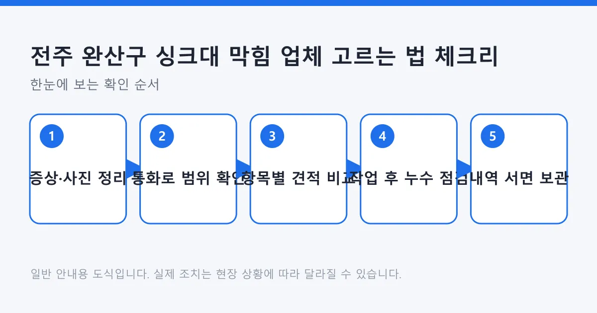 싱크대 막힘 업체를 고를 때 증상 정리부터 작업 후 내역 보관까지 다섯 단계를 순서대로 보여 주는 도식입니다.