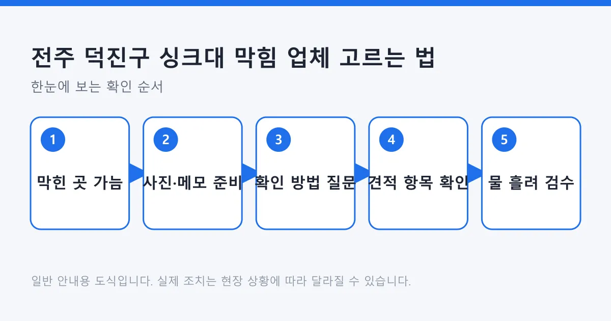 싱크대 막힘 업체를 고를 때 막힌 곳 파악부터 작업 후 검수까지 다섯 단계를 정리한 도식.