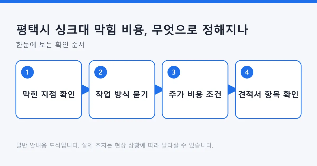 싱크대 막힘 견적을 받을 때 막힌 지점 확인부터 견적서 항목 확인까지 네 단계를 정리한 도식