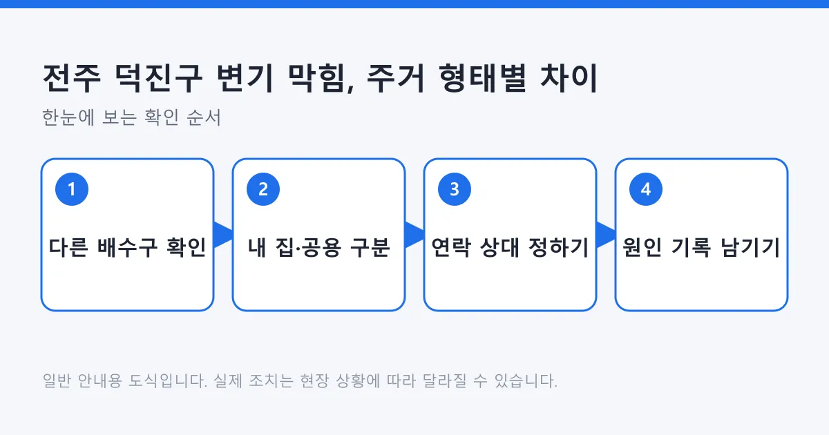 변기 막힘 발생 시 다른 배수구 확인부터 연락 상대 결정과 원인 기록까지 네 단계를 정리한 도식