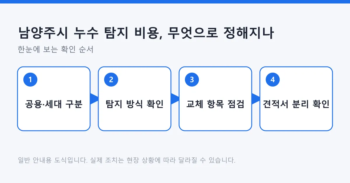 누수 탐지 비용을 확인하는 네 단계를 공용·세대 구분부터 견적서 확인까지 순서대로 보여 주는 도식