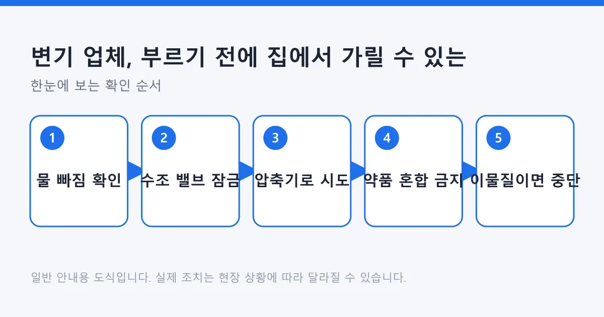 변기 막힘 상태를 확인한 뒤 물을 잠그고 압축기로 시도하며, 약품을 쓰지 않고 이물질이 분명하면 작업을 멈추는 다섯 단계 흐름도
