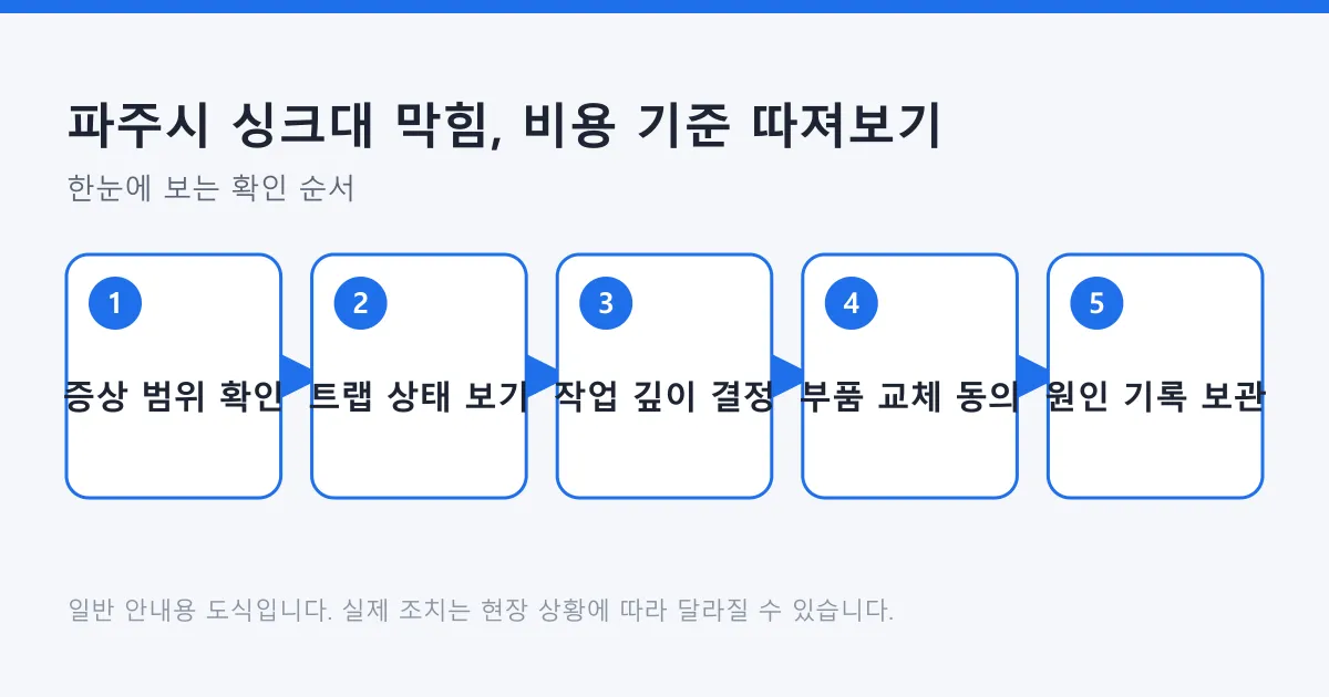 싱크대 막힘 비용 기준을 증상 범위 확인부터 원인 기록 보관까지 다섯 단계로 정리한 도식