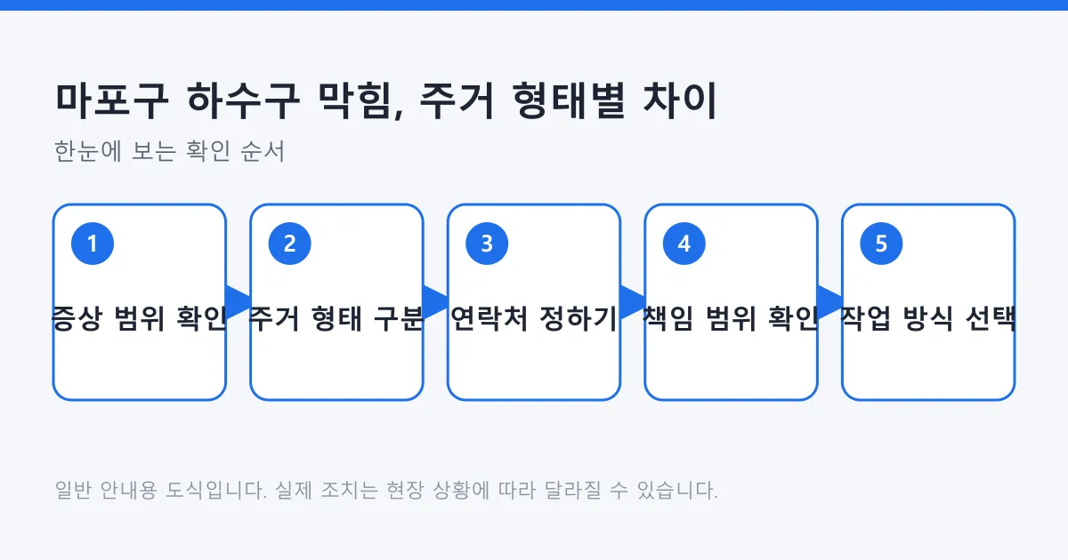 하수구 막힘 증상 범위를 확인하고 주거 형태에 따라 연락할 곳과 책임 범위를 정하는 다섯 단계 도식