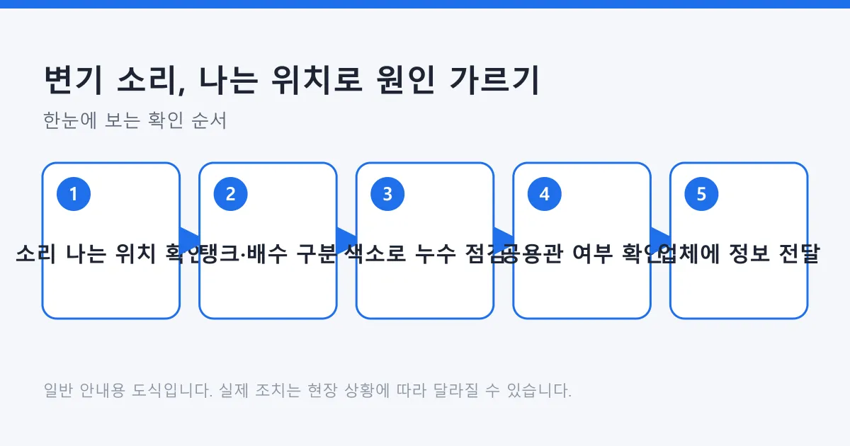 변기 소리의 위치를 확인해 탱크와 배수 원인을 구분하고 공용관 여부까지 점검하는 다섯 단계 도식