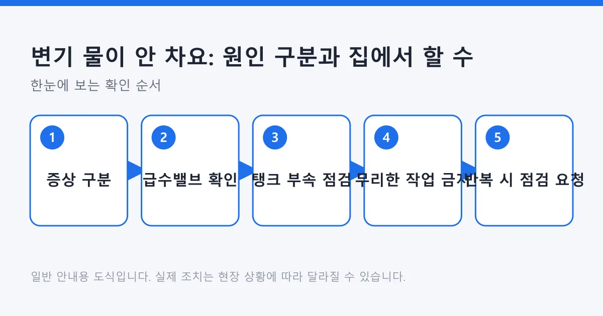 변기 물이 안 찰 때 증상 구분부터 밸브와 탱크 부속 확인, 점검 요청까지의 순서를 나타낸 도식